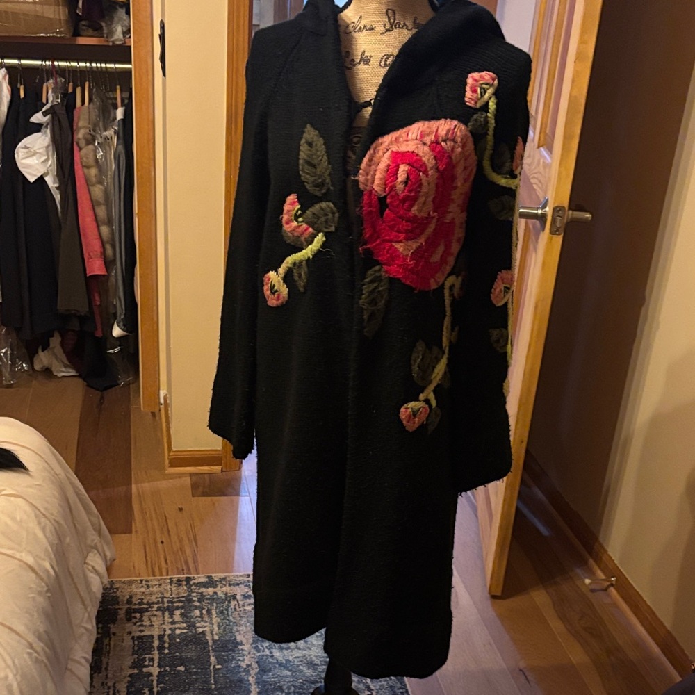 Soft Surroundings Black Coat with Red and Pink Floral Design